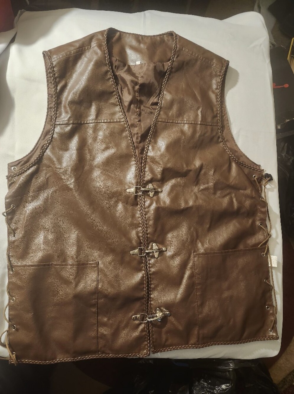 Men's Brown Leather Vest with Hook Closures